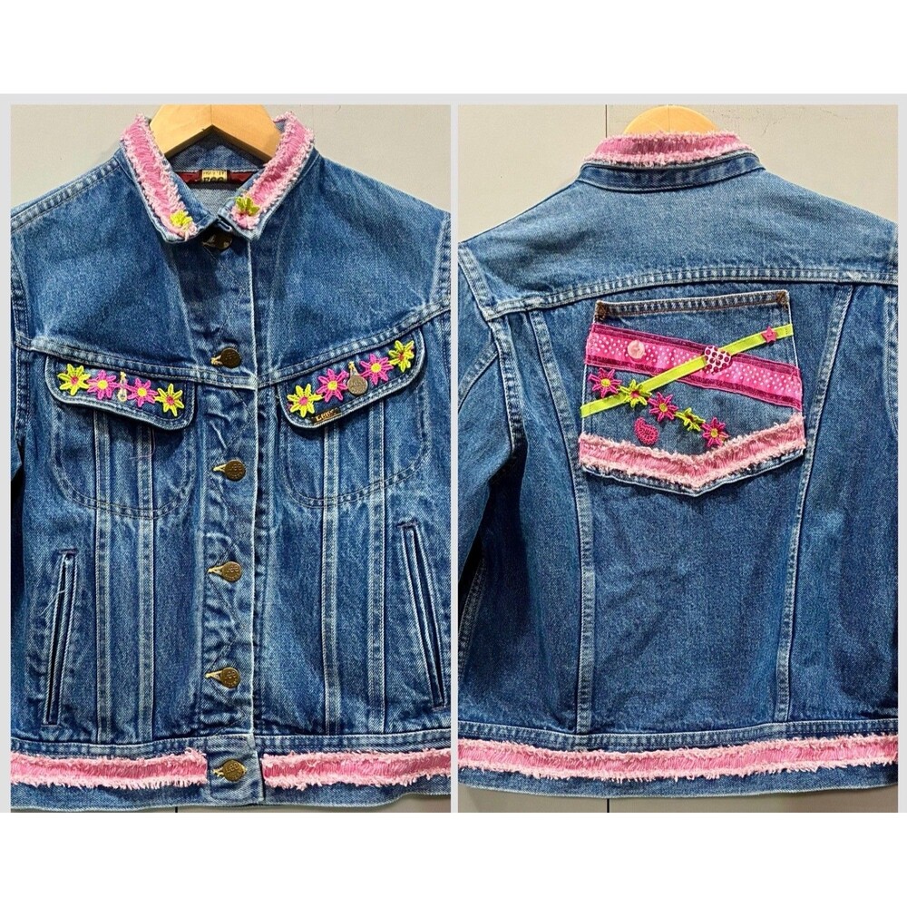RARE 70s Ms Lee Trucker Jacket Zig Zag Stitch Embellished Pink Green Floral S